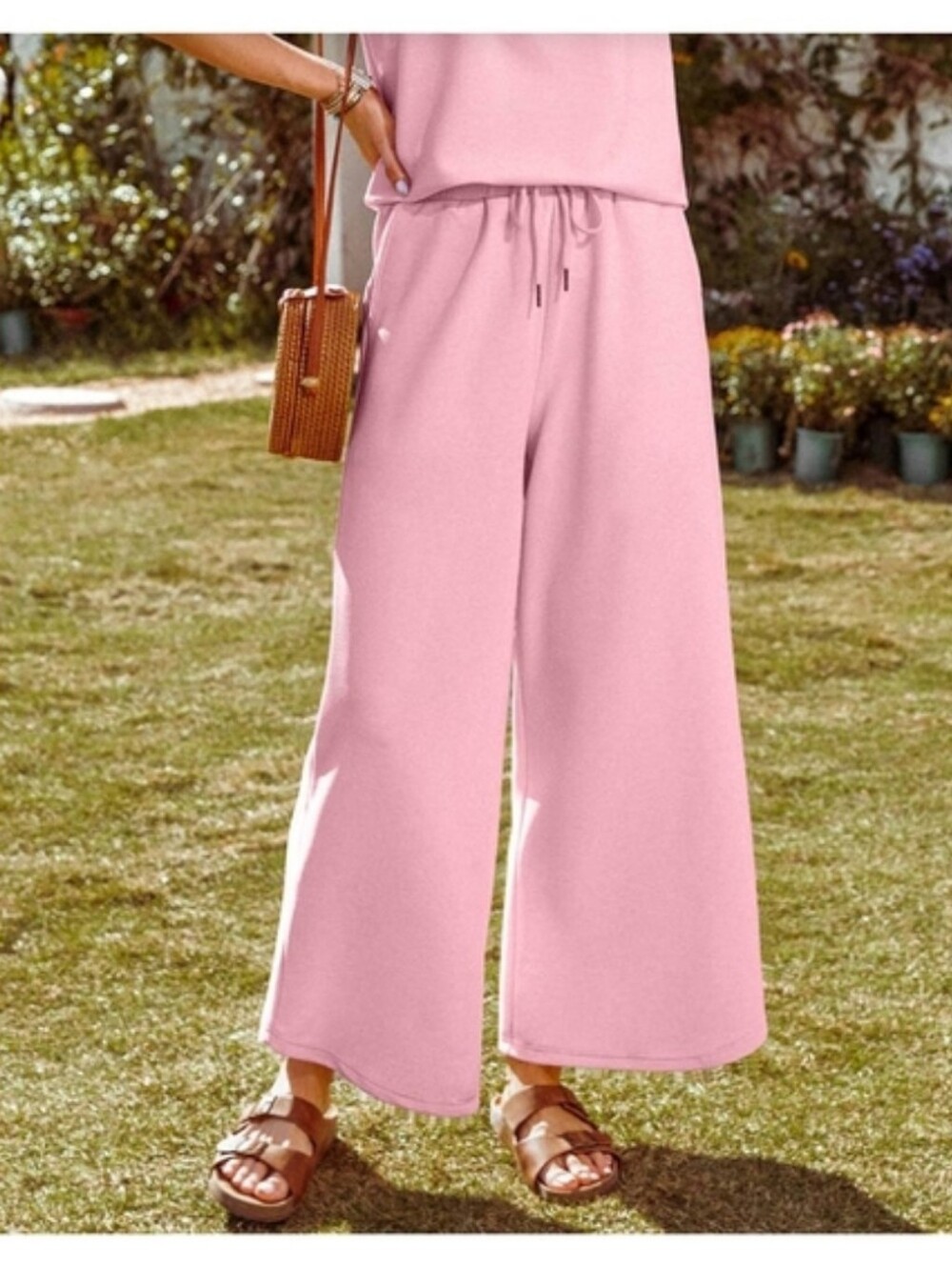 Pink Texture Ruffle Sleeve Zip Top and Wide Leg Pants Set Size SMALL